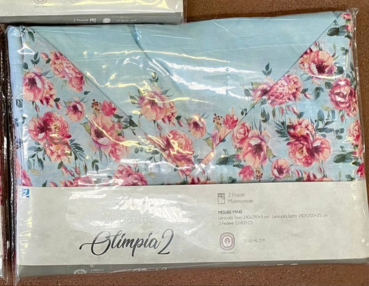 Completo matrimoniale azzurro fiori rosa