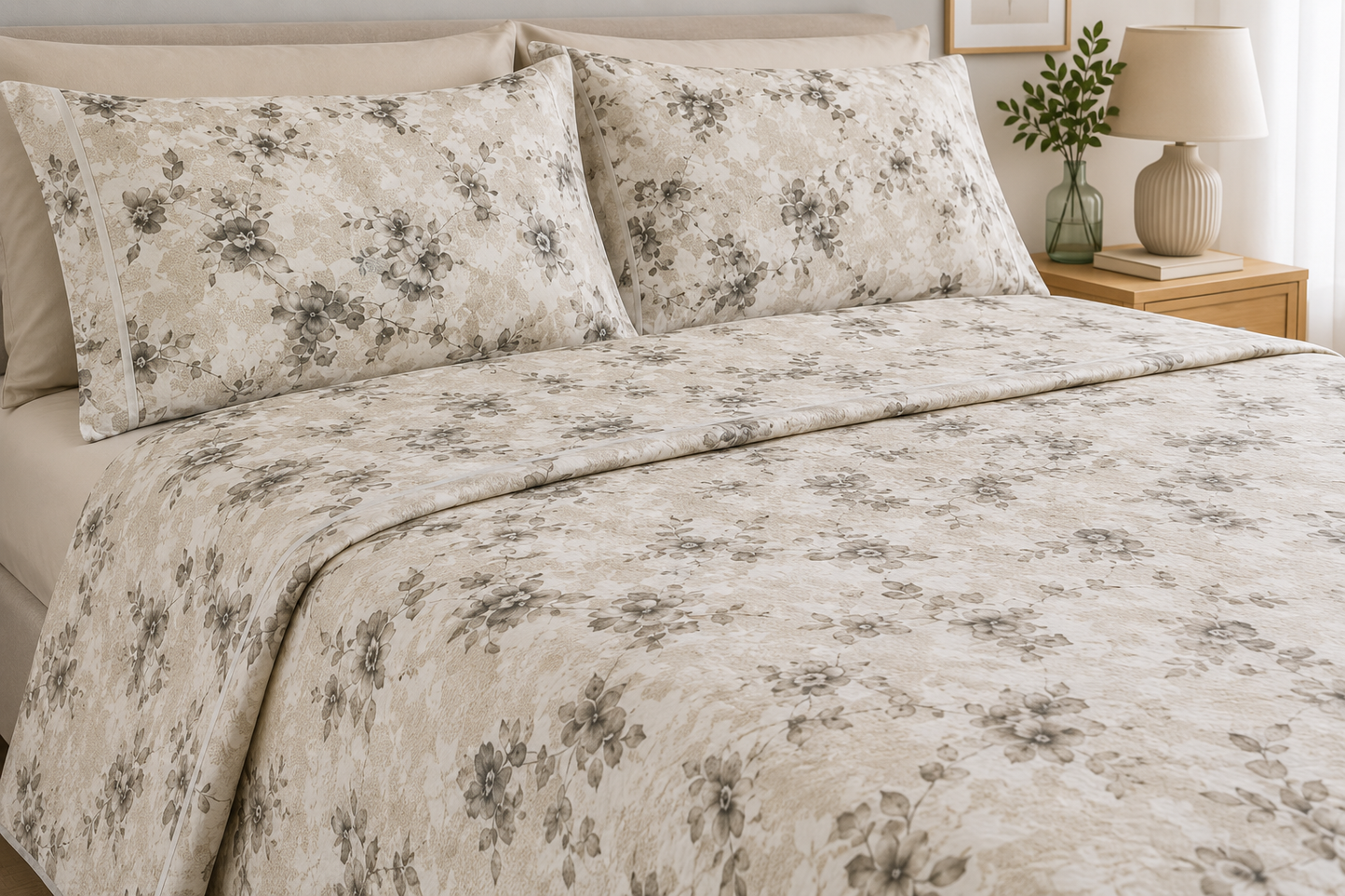 Completo Letto Matrimoniale Fantasia Floreale Beige