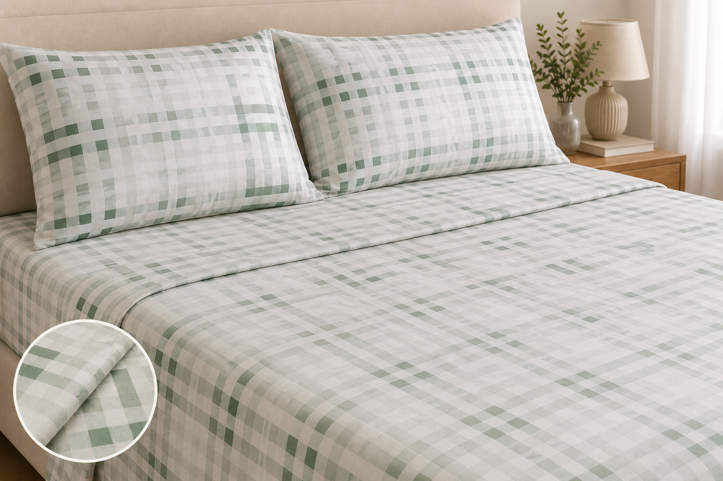 Completo Letto Matrimoniale a Quadri Verde Chiaro